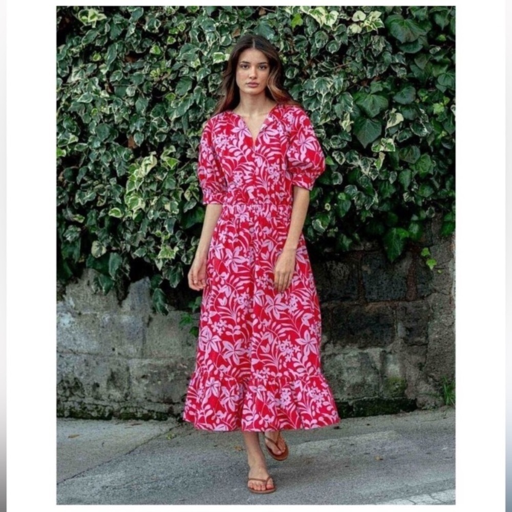 Voyageur By Mersea Hedy Tropical Floral Vine Puff Sleeve Tiered Midi Dress Sz M - Picture 12 of 15
